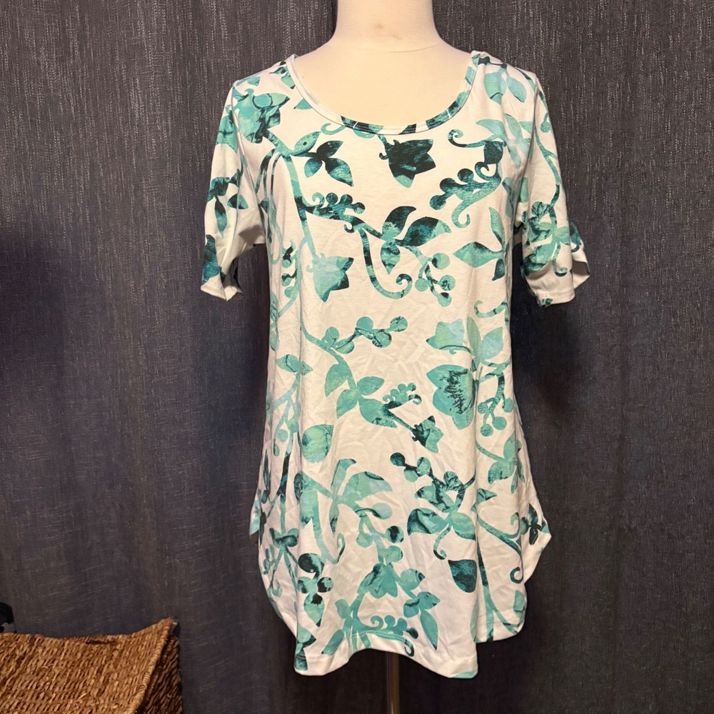 LuLaRoe Morgan Teal Floral Scoop Neck Short Ruched Sleeve Tunic Top (Women's M)